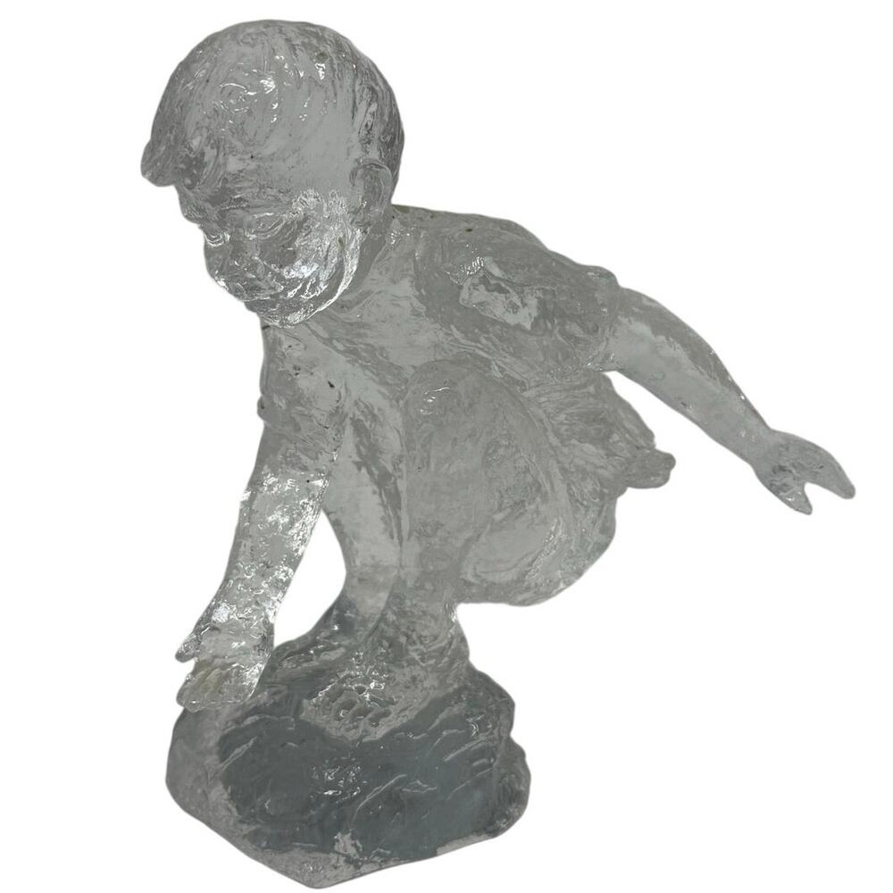 Vintage 90s Crystal Glass Crouching Boy Figurine Clear Art Statue 7"